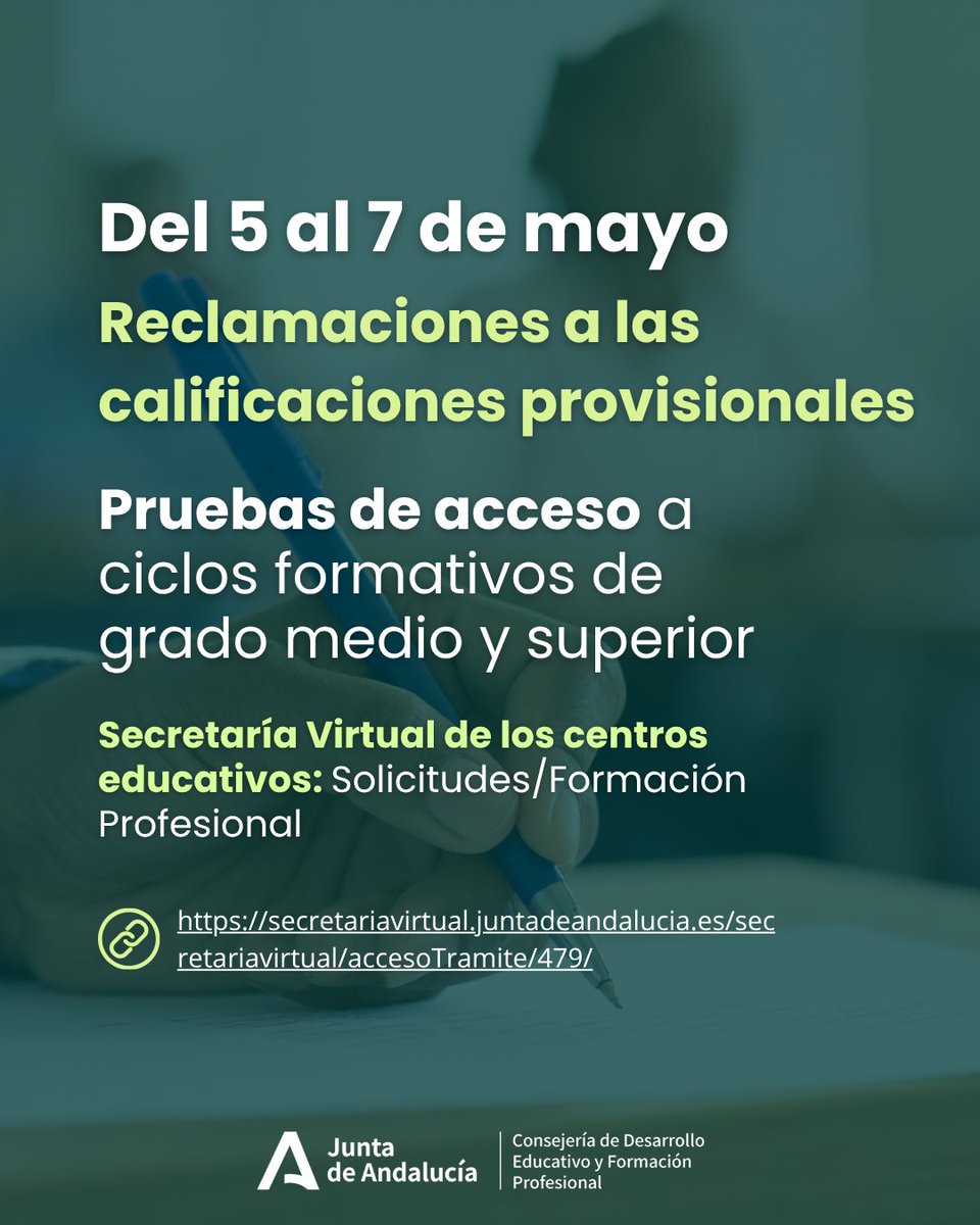 FPAndaluza's tweet photo. 🟢Hoy comienza el plazo de reclamación a la relación provisional de calificaciones de las pruebas de acceso a ciclos formativos de grado medio y superior. #FPAndaluza #PruebasAcceso @EducaAnd 
🗓️Del 5 al 7 de mayo
🔗Secretaría Virtual: https://t.co/WSBPJURfAJ https://t.co/stXNOdm0VZ