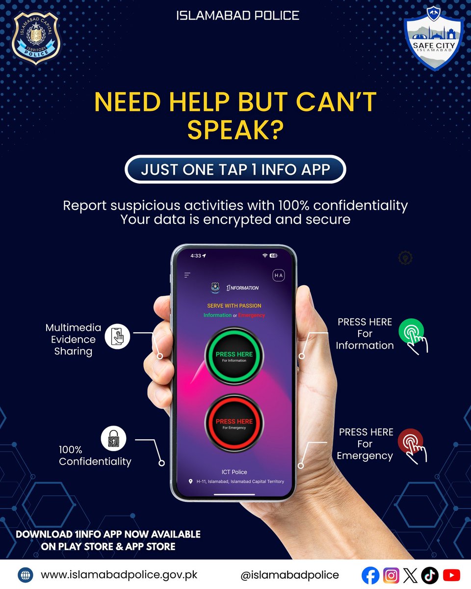 ICT_Police's tweet image. Report any suspicious activity immediately on the 1Info App.

#WeRIslamabadPolice #Islamabad #Awareness