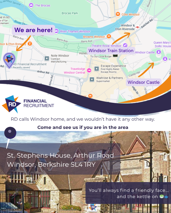 RDFRLtd's tweet photo. We love welcoming people to RD Financial Recruitment in Windsor. If you’re nearby, pop in for a chat. Clients or candidates, you’re always welcome. We’re a 10 min walk from Windsor Castle and the kettle’s usually on ☕ #Windsor #Recruitment https://t.co/Pe5erUM71O