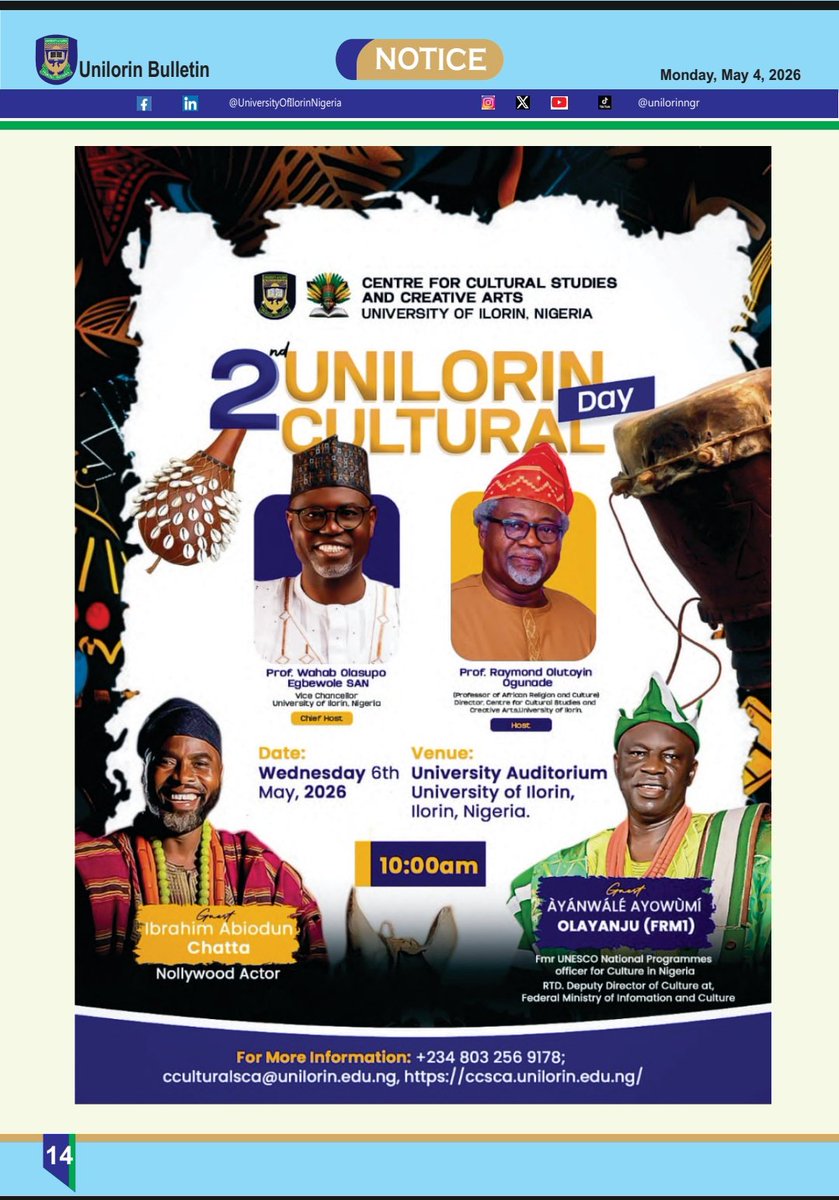 UnilorinNGR's tweet photo. The countdown is over!
Wednesday is for the Culture!
What are you wearing?

@UilStudentUnion
#UNILORINCulturalDay2026 | #BetterByFar🎓 |  #ProbitasDoctrina https://t.co/9SRxnznJ51