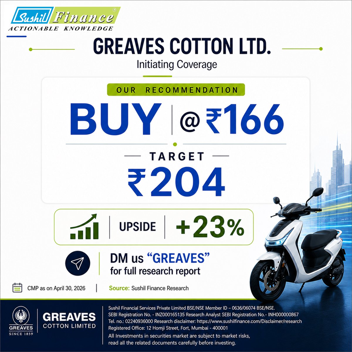 sushilfinance's tweet photo. 📢  Initiating Coverage – Greaves Cotton Limited. 

We expect Greaves Cotton Limited to deliver healthy revenue growth over FY2025–FY2028E, driven by scale-up in the electric mobility segment, steady performance in the core engineering business, and execution under the https://t.co/D0Z6GQDzZI framework. The EV business is expected to contribute a higher share of incremental revenues, supported by distribution expansion and improving adoption in last-mile mobility, while the legacy business continues to provide stability and cash flows. We estimate EBITDA and PAT margins to gradually improve over the medium term, led by operating leverage in the EV segment, cost optimization, and a stable contribution from the core business. Our EPS estimates stand at Rs.5.1, Rs.5.7, and Rs.5.7 for FY2026E, FY2027E, and FY2028E, respectively. Assigning a P/E multiple of 36x on FY2028E EPS, we arrive at a target price of Rs.204, implying an upside of ~23% from the CMP of Rs.166, we initiate coverage on Greaves Cotton Limited with a BUY
rating, with an investment horizon of 24–30 months.

📩 Comment "GREAVES" to get the full report 

🔗 For the Disclaimer, check our Link-in-Bio
.
.
.
.
.
.
.
.
.
.
.
.
.
#stockreccomendation #topstocks #stockmarkettip