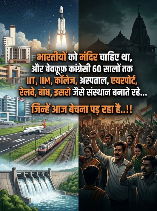 "भारतीयों को मंदिर चाहिए था, और बेवकूफ़ कांग्रेसी 60 सालों तकIIT,IIM कॉलेज अस्पताल एयरपोर्ट, रेलवे, बांध, इसरो जैसे संस्थान बनाते रहें...
जिन्हें आज बेचना पड़ रहा है..!!