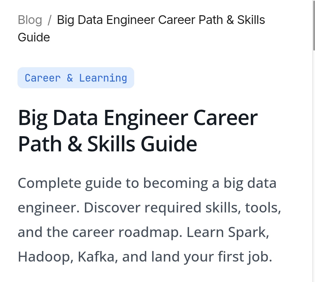 thedatavidhya's tweet photo. > Big Data Engineer isn’t just a job. It’s the backbone of modern tech.

- Here’s the real roadmap

→ What you actually do
- Build systems that collect, clean, and move massive data
Not dashboards. The pipelines behind them

→ The “Big” in Big Data
- Volume: TBs & PBs of data
- Velocity: real-time streams (millions of events)
- Variety: tables, logs, videos, sensors

→ Core skills
- Python: automation & pipelines
- SQL:  non-negotiable foundation
- Java/Scala: understand systems deeply

→ Tools that matter
- Hadoop: distributed storage (HDFS, Hive)
- Spark: fast large-scale processing
- Kafka: real-time data streaming

→ Big Data Engineer vs Data Engineer
- Scale is the difference
- Data Engineer → GBs, structured data
- Big Data Engineer → PBs, distributed systems

→ What companies expect
Not theory. Systems that scale
You should handle real datasets, not tutorials

→ How to start
- Master Python + SQL
- Learn Spark + Kafka
- Use cloud (AWS / GCP / Azure)
- Build 2–3 strong projects with large datasets

→ What makes you stand out
- Proof of handling “big” data
- End-to-end pipelines
- Real-world problem solving