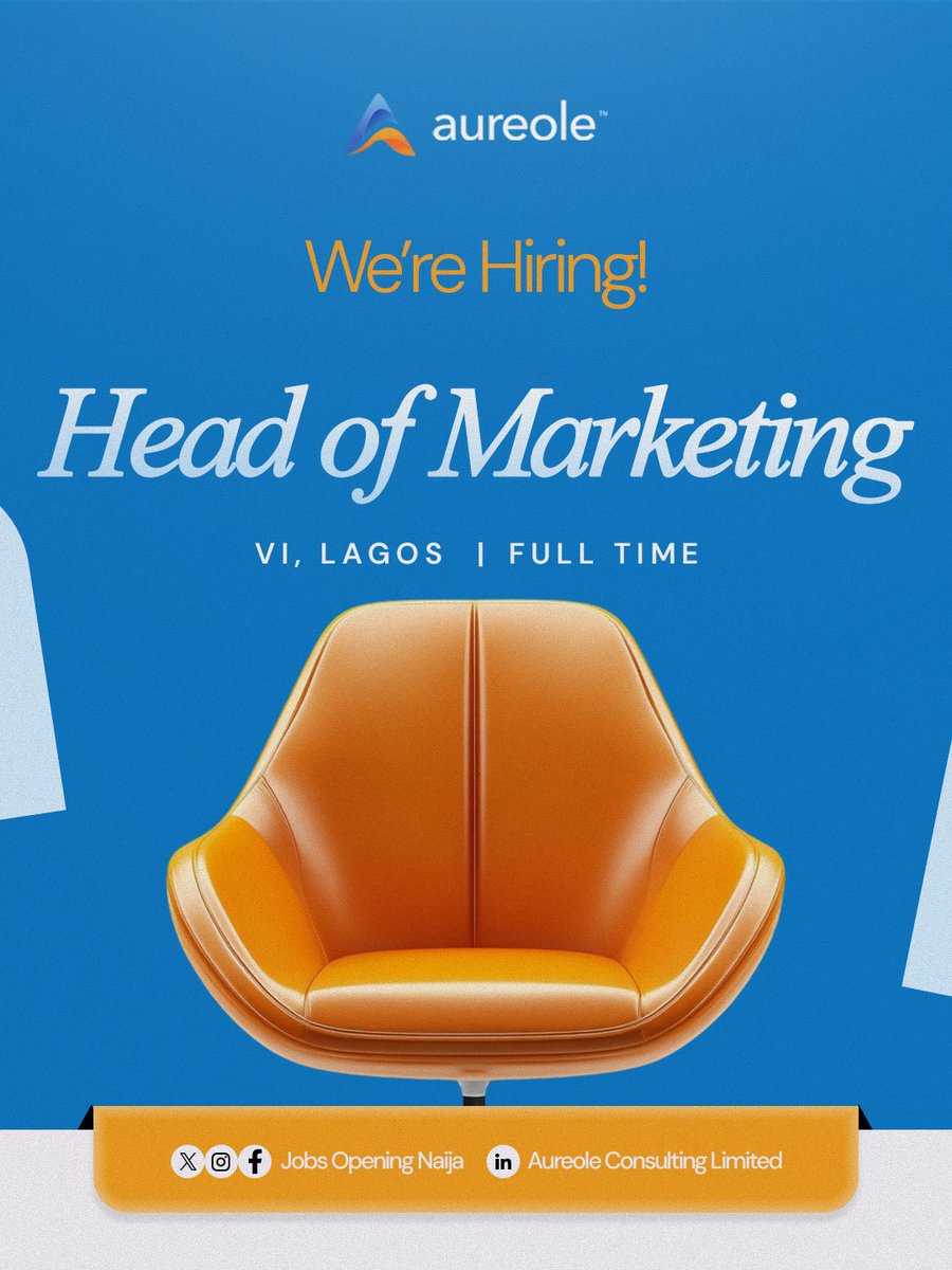 job_openings_ng's tweet image. We are hiring, Head of Marketing 

Location: VI, Lagos State

To apply send your cv to careers@aureole.ng using the job title as the subject.

 #hiring #job #careers #cv #jobopening