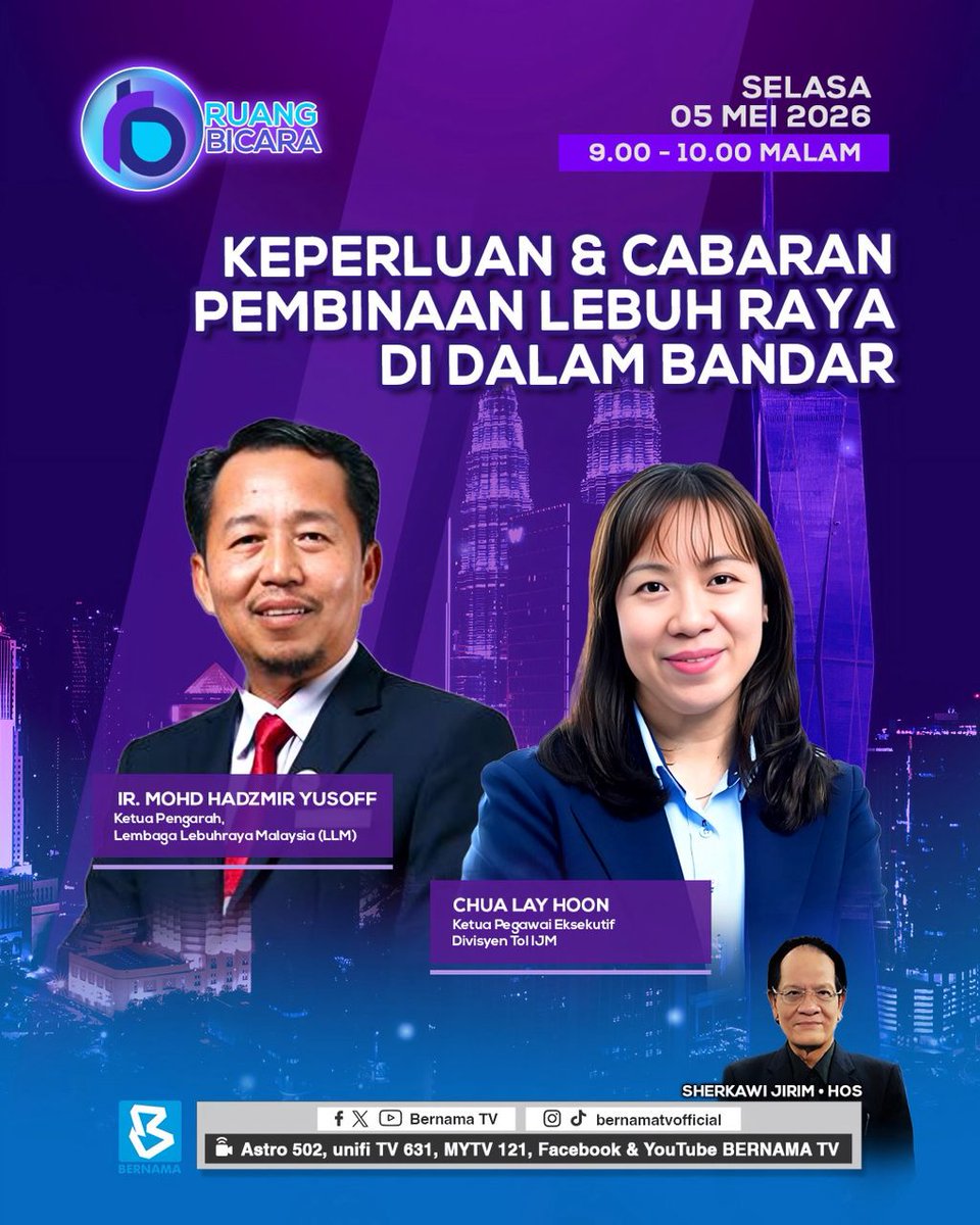 LLMrasmi's tweet photo. Jom saksikan...

Ruang Bicara: Keperluan dan Cabaran Pembinaan Lebuh Raya di dalam Bandar
Tarikh: 5 Mei 2026 (Selasa)
Masa: 9.00 - 10.00 malam (Siaran Langsung) https://t.co/vLc9l7xIIE