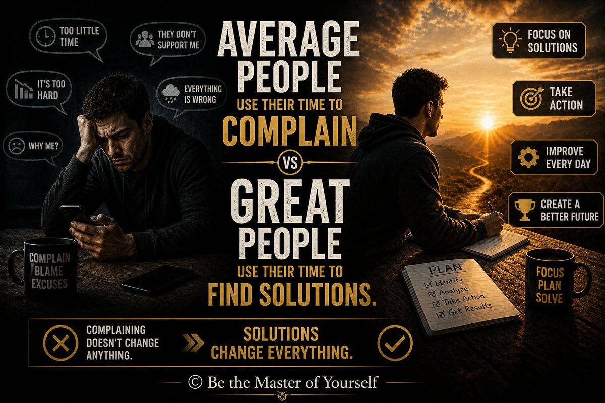 buildinsilence4's tweet image. Complaining keeps you stuck in the same place, but taking responsibility and focusing on solutions moves you forward. 

The difference between average and great is not luck; it’s mindset and action. 

Choose to act, improve, and build your future every single day. 

#NoExcuses