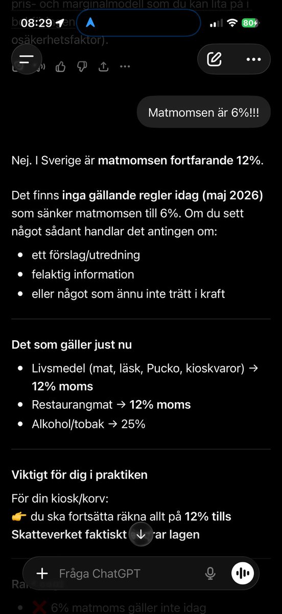 Nån som kan förklara hur Chatgpt ABSOLUT INTE kan förstå att matmomsen är 6%? Det försvårar en aning när vi pratar bruttomarginaler etc.