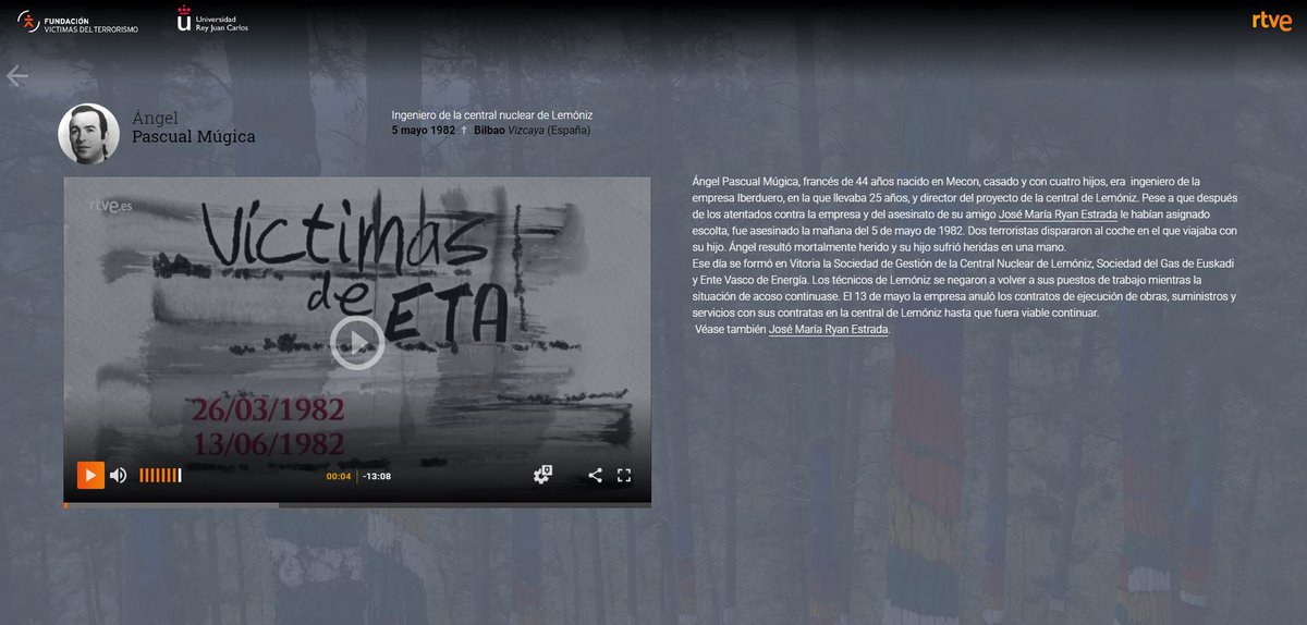 _FundacionVT's tweet image. Siempre en la #memoria. El 05-05-82, ÁNGEL PASCUAL MÚGICA, ingeniero en la central nuclear de Lemóniz, fue asesinado en Bilbao por #ETA. Dos terroristas dispararon contra su coche particular, en el que viajaba con su hijo, que resultó herido. Tenía 44 años
rtve.es/memoriadevida/…