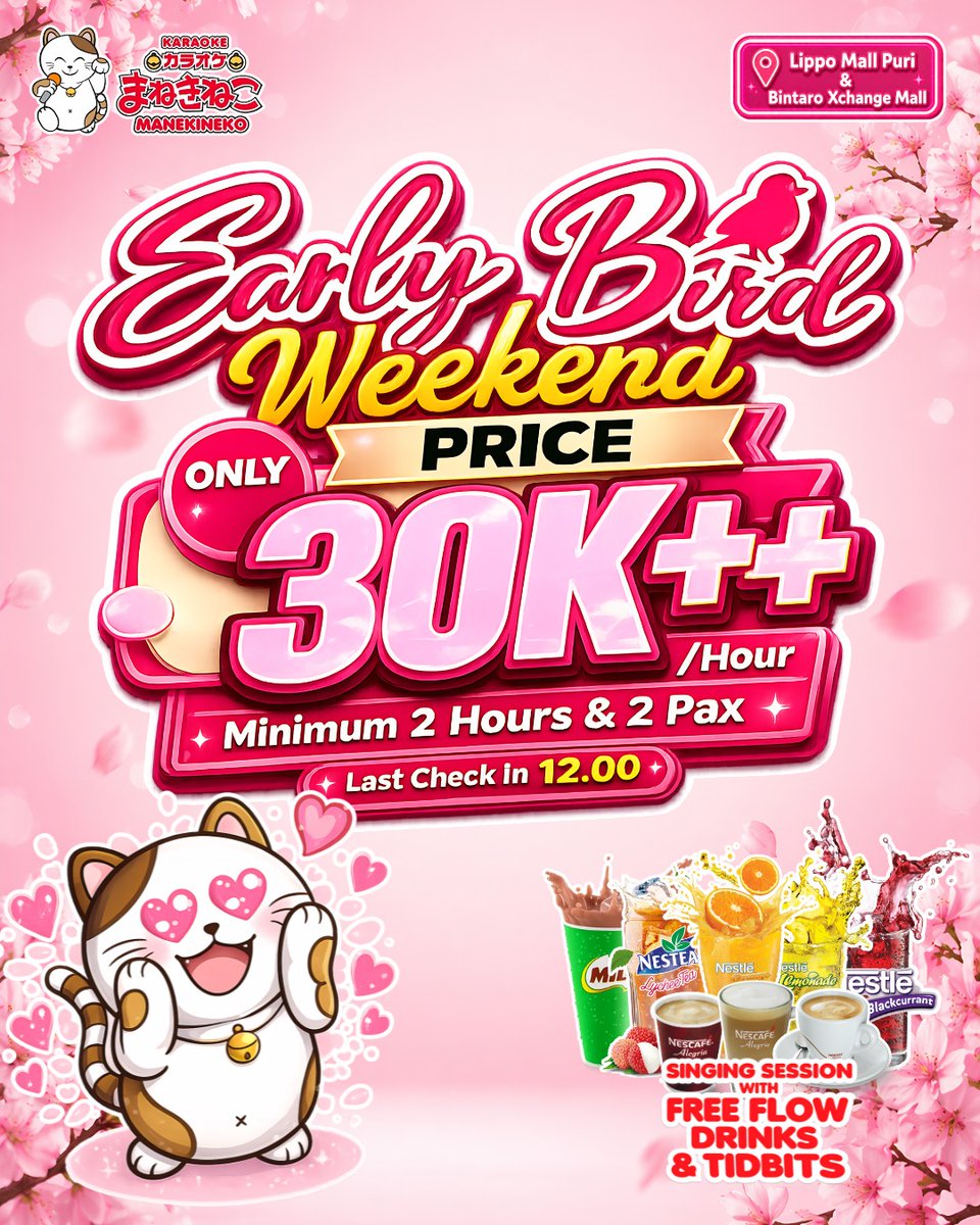 manekineko_INA's tweet photo. WEEKEND MAKIN SERU DI MANEKINEKO!

Nikmati promo spesial:
- Early Bird Weekend
- Only 30K++ / Hour
- Minimum 2 Hours &amp; 2 Pax
- Last Check In 12.00
- Berlaku Sabtu, Minggu dan Public Holiday selama bulan May 2026

BONUS FREE FLOW DRINKS &amp; TIDBITS!! https://t.co/4dXp1s6FQa