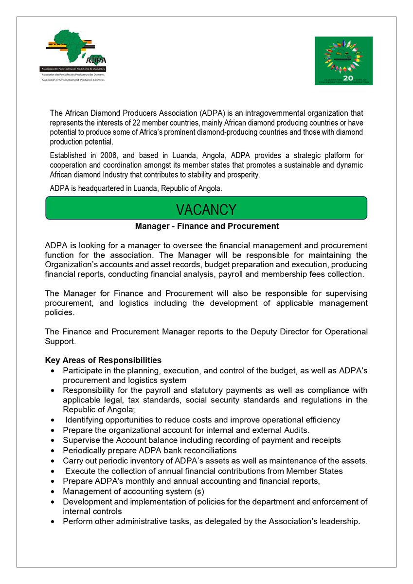 sadpmr's tweet image. 📢 Opportunity Alert!
The African Diamond Producers Association invites qualified candidates to apply for the position of:
Manager: Finance and Procurement
🗓 Closing Date: 19 May 2026
#JobOpportunity #FinanceJobs #Procurement #AfricanDiamondProducersAssociation #NowHiring