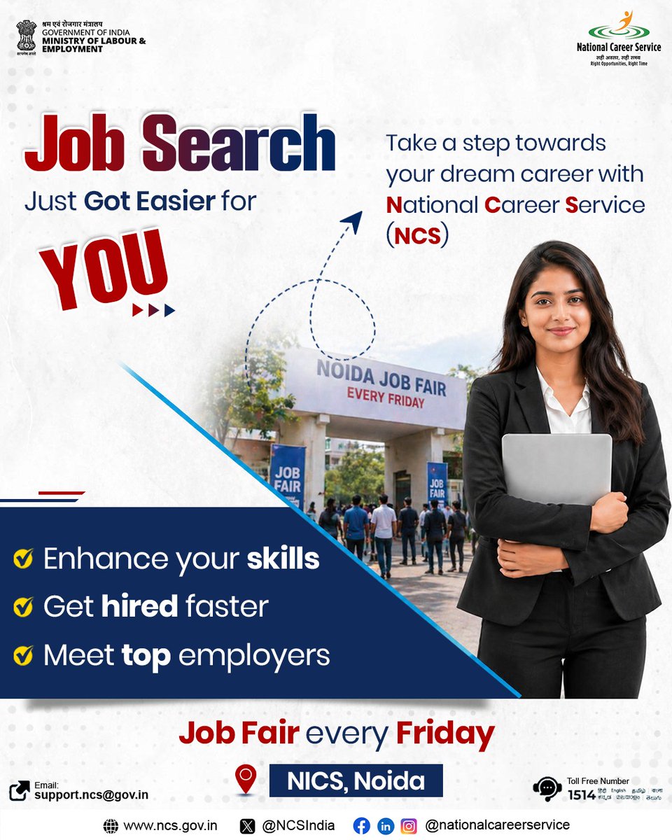 NCSIndia's tweet image. Meet employers every Friday at NICS, Noida through the National Career Service job fair and discover new opportunities for you.

— Meet Career Counsellors
— Connect with Employers

To know more, visit: ncs.gov.in

#NationalCareerService #JobFair #CareerOpportunities