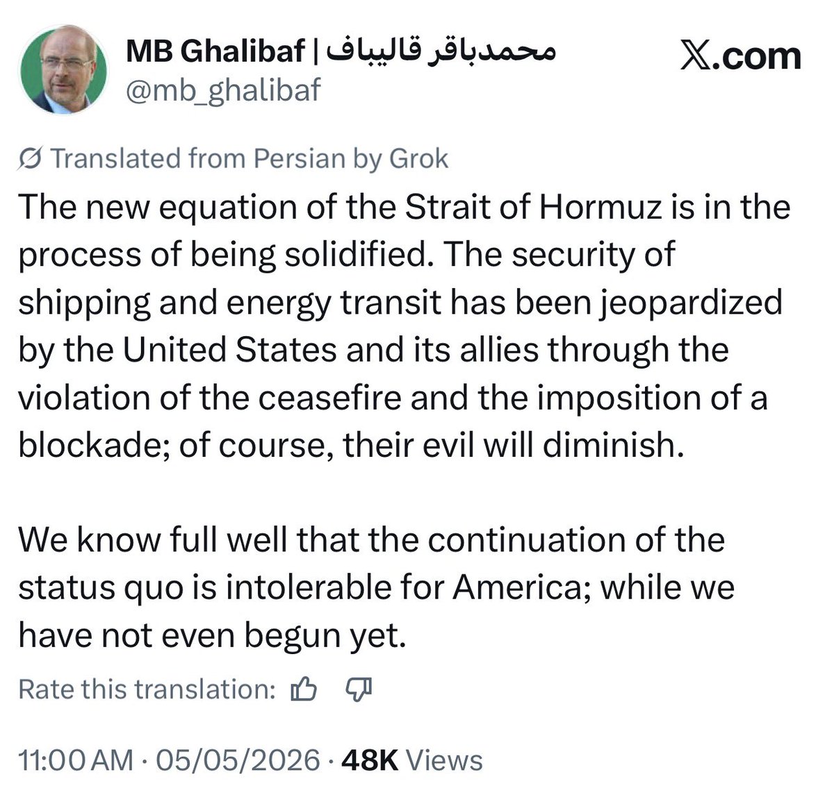 Irani leader <a href="/mb_ghalibaf/">محمدباقر قالیباف | MB Ghalibaf</a> says:

“We have not even begun yet”

Nobody and I mean nobody has stood against tyrannical America and the Zionist Israel like Iran.