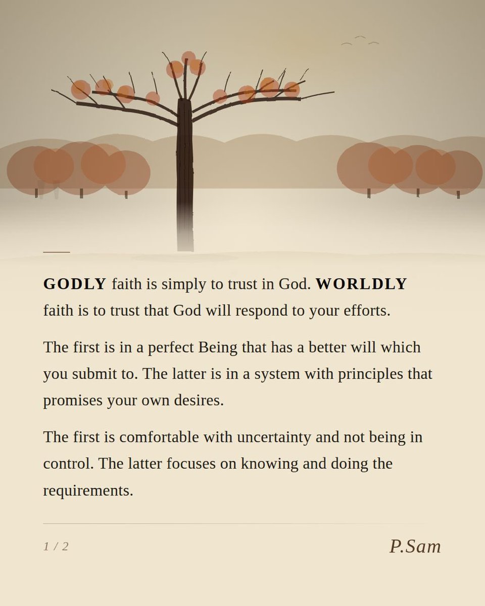 DrFeruke's tweet photo. Godly faith is simply to trust in God. Worldly faith is to trust that God will respond to your efforts.

The first is in a perfect being that has a better will which you submit to. The latter is in a system with principles that promises your own desires.

The first is comfortable with uncertainty and not being in control. The latter focuses on knowing and doing the requirements.

The first is satisfied with God Himself. The latter is satisfied with the things God gives.

The first is simple. The latter gets complex with formulae and regulations.

The first never puts to shame. The latter always fails eventually.