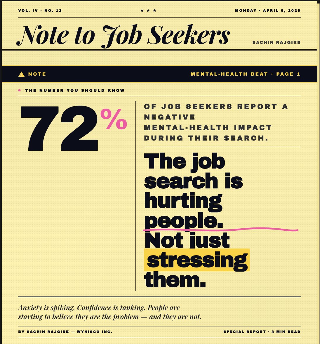 sachinrajgire's tweet image. The job search will break you, if alone.

Here's what I tell every student:
→ Reach out. Talk. Don't isolate. → Rejection is data, not identity. → You need people who believe in you when you can't.

The weight lifts when someone else shares it.

#mentalhealth #jobseekers