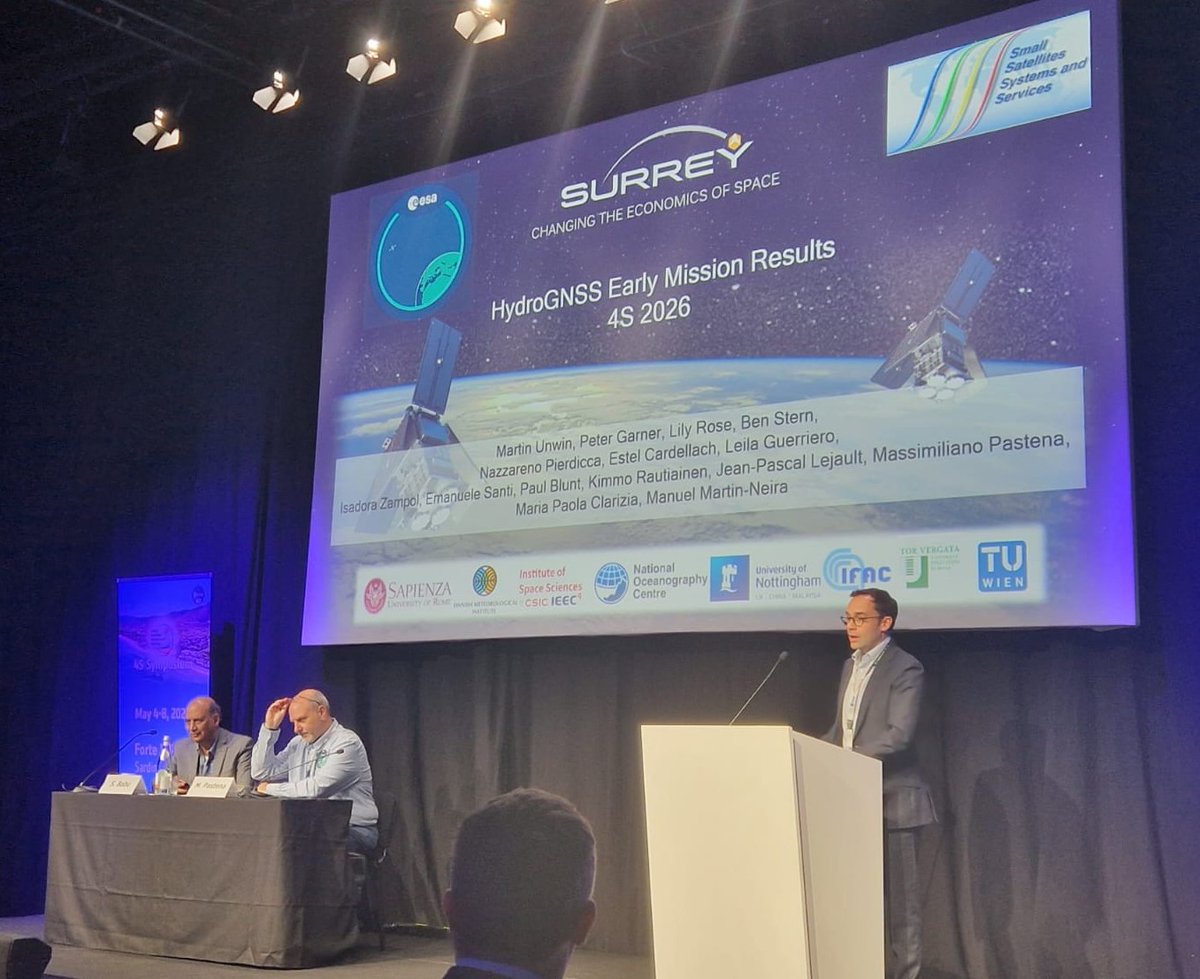 SurreySat's tweet photo. SSTL's Ben Stern on stage at the 4S Symposium -Small Satellites Systems and Services in Sardinia.. presenting the early mission results from ESA's HydroGNSS mission. https://t.co/xvxQXK8avh