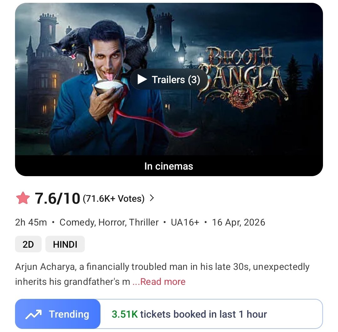 #BhoothBangla  
11am-12pm  
Tickets sold on BMS- 3510
Yesterday- 2090

Total from 9am- 7890
Yest- 5580