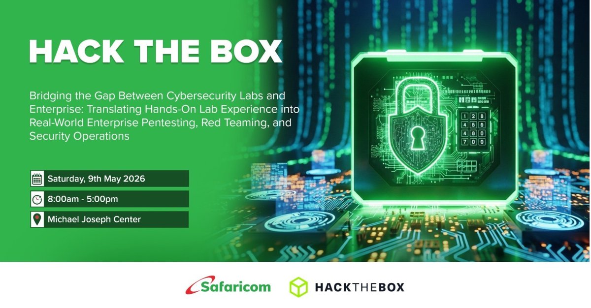 hacktheboxkenya's tweet photo. Partner Announcement🤝

@SafaricomPLC partners up with @hackthebox_eu Kenya Meetup🔥

Through this partnership, we’re bringing together real-world industry experience and hands-on, gamified cybersecurity learning.

#HTBKenya #Cybersecurity #HTB #SafaricomPLC https://t.co/noNgQpkQfR