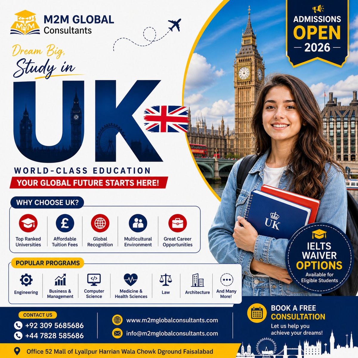 M2MGConsultants's tweet image. The UK is calling! 🇬🇧📷 Secure your future with world-class degrees and a 2-year Post-Study Work Visa. The September 2026 Intake is the best time to apply! #StudyInUK #SeptemberIntake #M2MGlobal #Faisalabad #UKVisa #StudyAbroad #VisaSuccess2026 #GlobalEducation