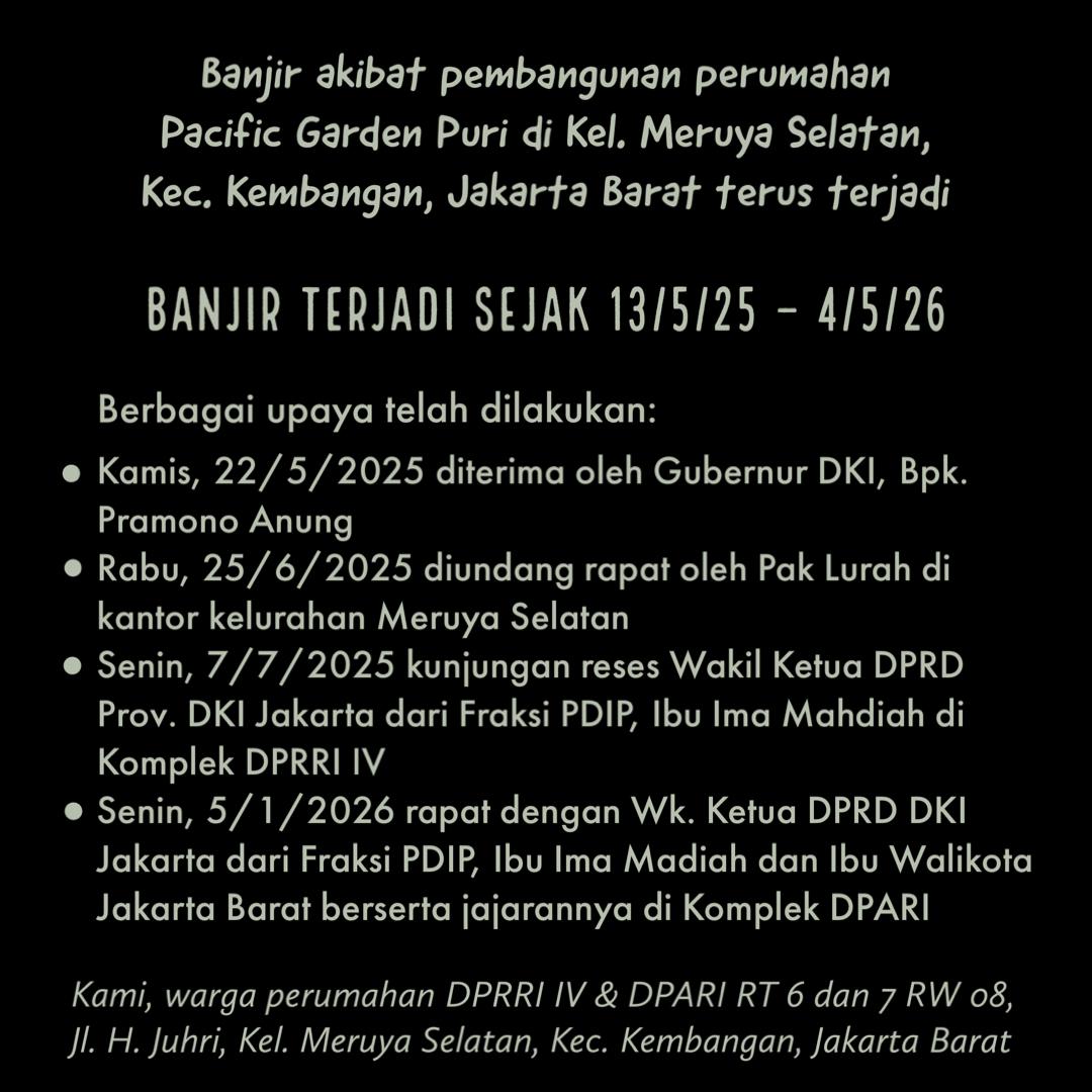 sumarsih11's tweet photo. Mohon phatian&amp;kbijakan Pimp. Instansi PenanggulangnBanjir Jakarta Barat.
Sejak 1986 tinggal diKomp. DPRRI IV RT6 RW8, Jl. H.Juhri, Meruya Sltn, Kembangan, Jakarta Barat tak pernah kebanjiran.
Tapi sejak pmbangunan PACIFIC GARDENPURI, bila HujanDeras kbanjiran https://t.co/6ryhGE0kP9