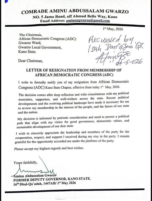 JUST IN: A former Deputy Governor of Kano State, Aminu Gwarzo, has resigned from the African Democratic Congress (ADC).
