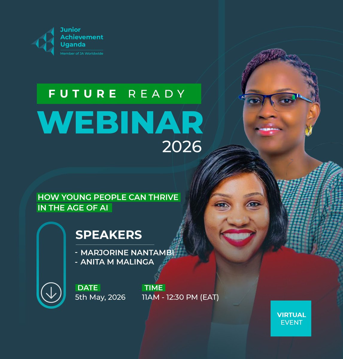 AlasoPatience's tweet image. I’m moderating the Future Ready Webinar 2026 by @JA_Uganda 
Theme: How young people can thrive in the age of AI
With: @NantambiMarjor1 and @anitamuhairwe 
🗓 5 May ⏰ 11AM–12:30PM (EAT) 🔗 meet.google.com/yyx-ugax-kxi
@EntUganda @UnravelLtd @ShineLeadership 
#FutureReady #AI #Youth