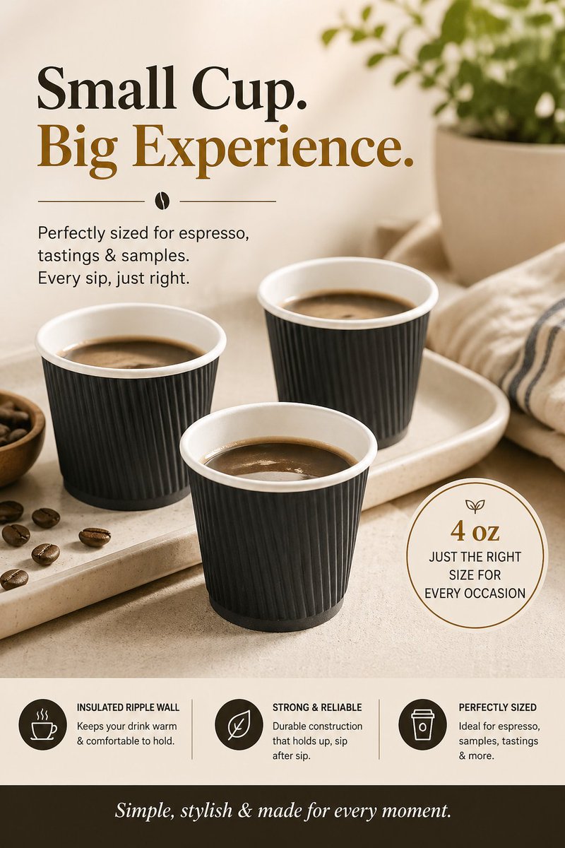 restaurantware's tweet photo. Small cup. Big impression.
These 4 oz ripple wall coffee cups are designed for premium espresso service—without the extra cost of sleeves.
✔ Ripple wall = built-in insulation, no sleeves needed 
✔ Keeps drinks hot, hands cool 
✔ Non-slip grip = secure, mess-free serving 
✔ Recyclable paper = eco-conscious choice 
Serve smarter. Look sharper. Elevate every sip.