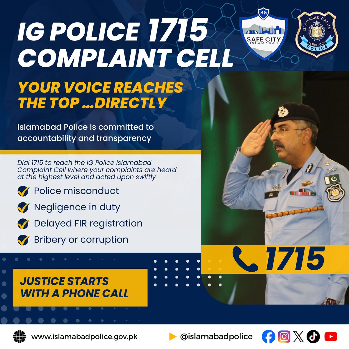 ICT_Police's tweet image. Islamabad Police Helpline 1715 is fully active for immediate assistance and complaint registration. For any issue or concern regarding police conduct, call 1715 and report it promptly.

#WeRIslamabadPolice #Islamabad #SCI #Awareness