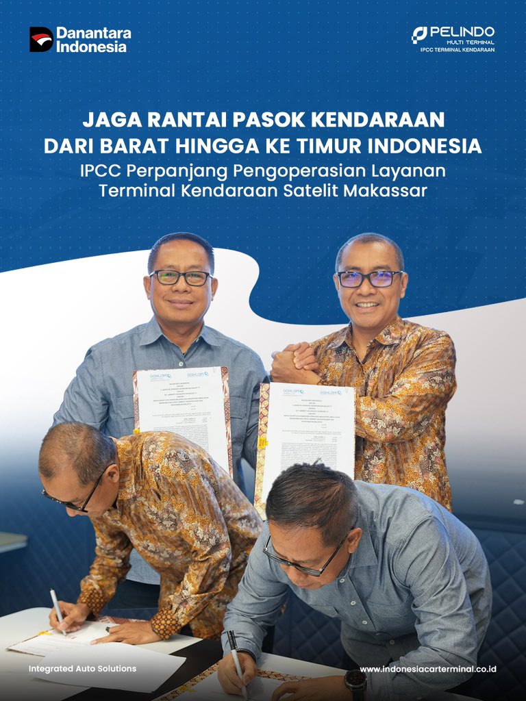 IPCCarTerminal's tweet photo. Penandatanganan perpanjangan kontrak layanan satelit Makassar telah dilaksanakan sebagai bagian dari keberlanjutan kerja sama dalam penggunaan layanan satelit di wilayah Makassar.

#IPCCIntegratedAutoSolutions #IPCCTerminaKendaraan #PelindoGroup #SPMTGroup https://t.co/wTIFXGMiGR