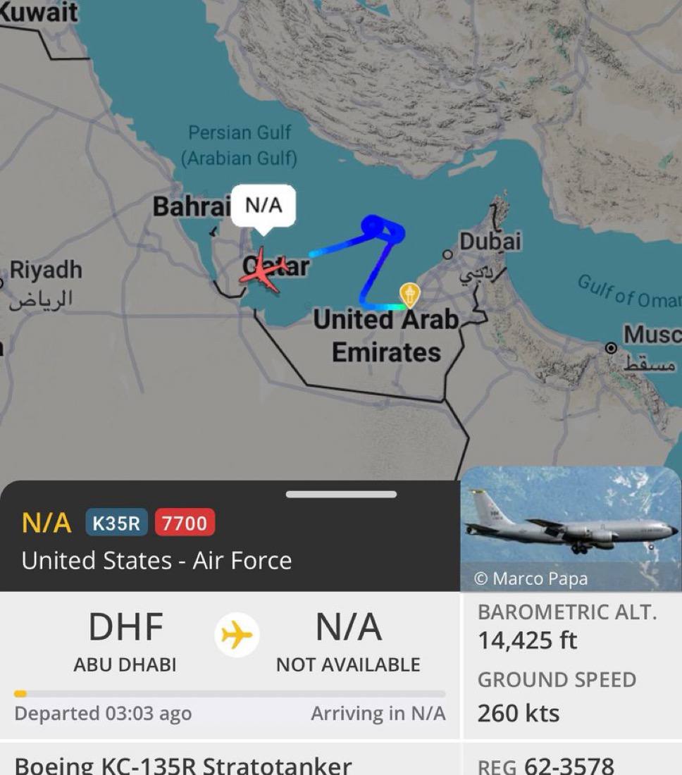 ⚠️⚠️⚠️⚠️⚠️⚠️U.S. AERIAL RE-FUELER NEAR THE STRAIT OF HORMUZ COMING IN FOR AN EMERGENCY LANDING IN QATAR AND DECLARING IN-FLIGHT EMERGENCY!!