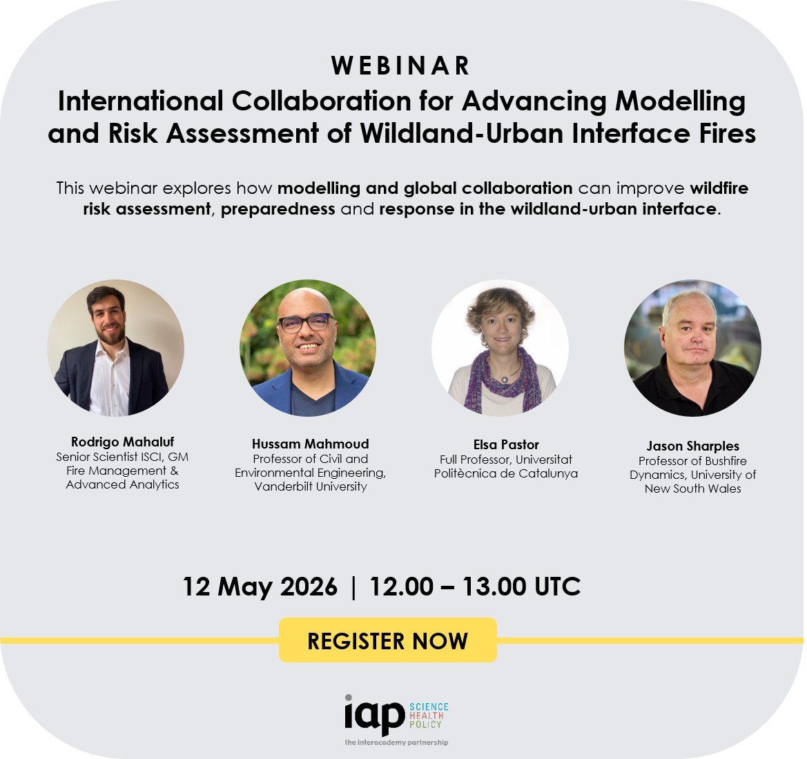 IAPartnership's tweet photo. One week left to register.
Wildland-urban interface fires are a growing global risk. Join the IAP webinar to explore how collaboration can improve modelling and preparedness.
12 May 2026 | 12:00–13:00 UTC
Register now: https://t.co/DAYiE67Smc
#Wildfire #ScienceforPolicy https://t.co/ApgsyuDeKC