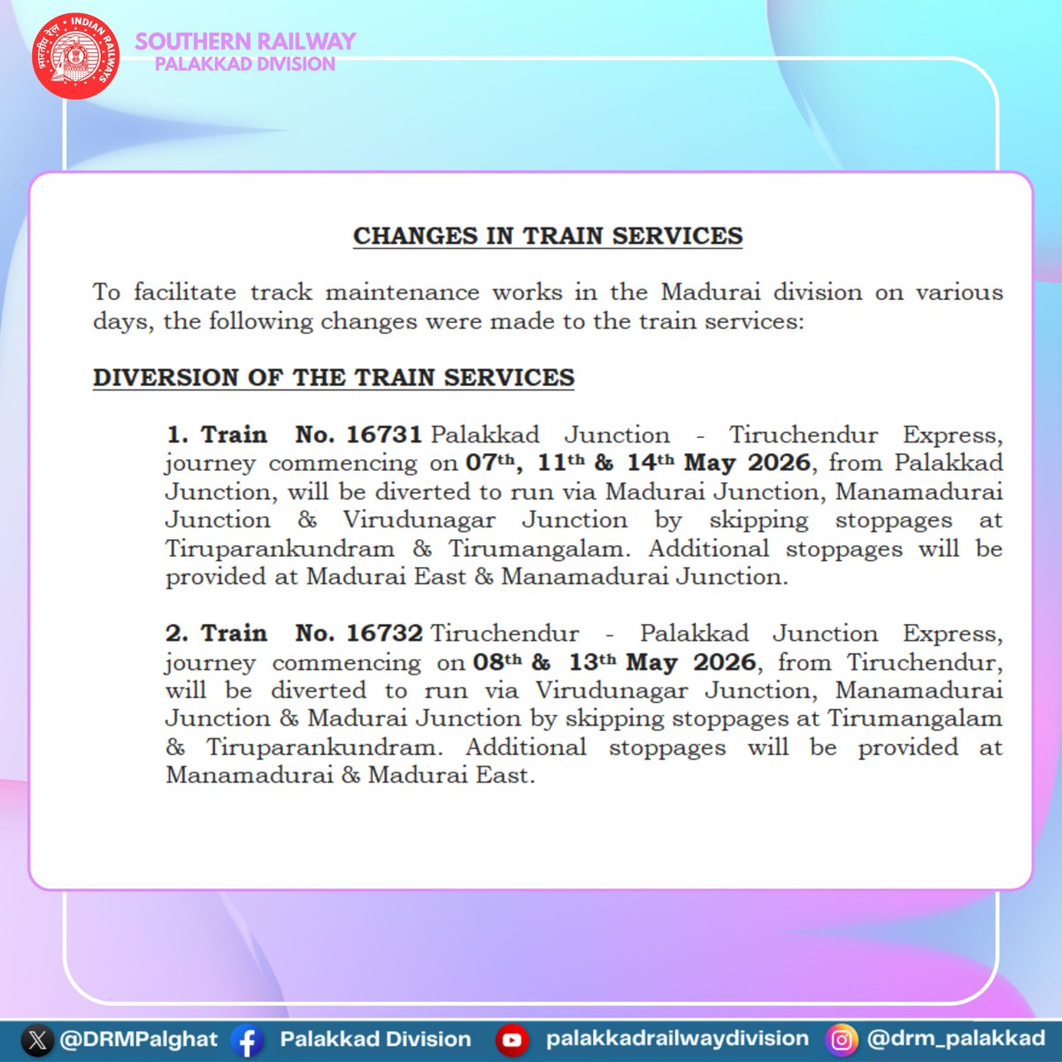 DRMPalghat's tweet photo. CHANGES IN TRAIN SERVICES
To facilitate track maintenance works in the Madurai division on various days, the following changes were made to the train services:
#Madurai #TamilNadu #IndianRailways #SouthernRailway #Tiruchendur #Palakkad #CorridorBlock https://t.co/uOpKMS9PYV