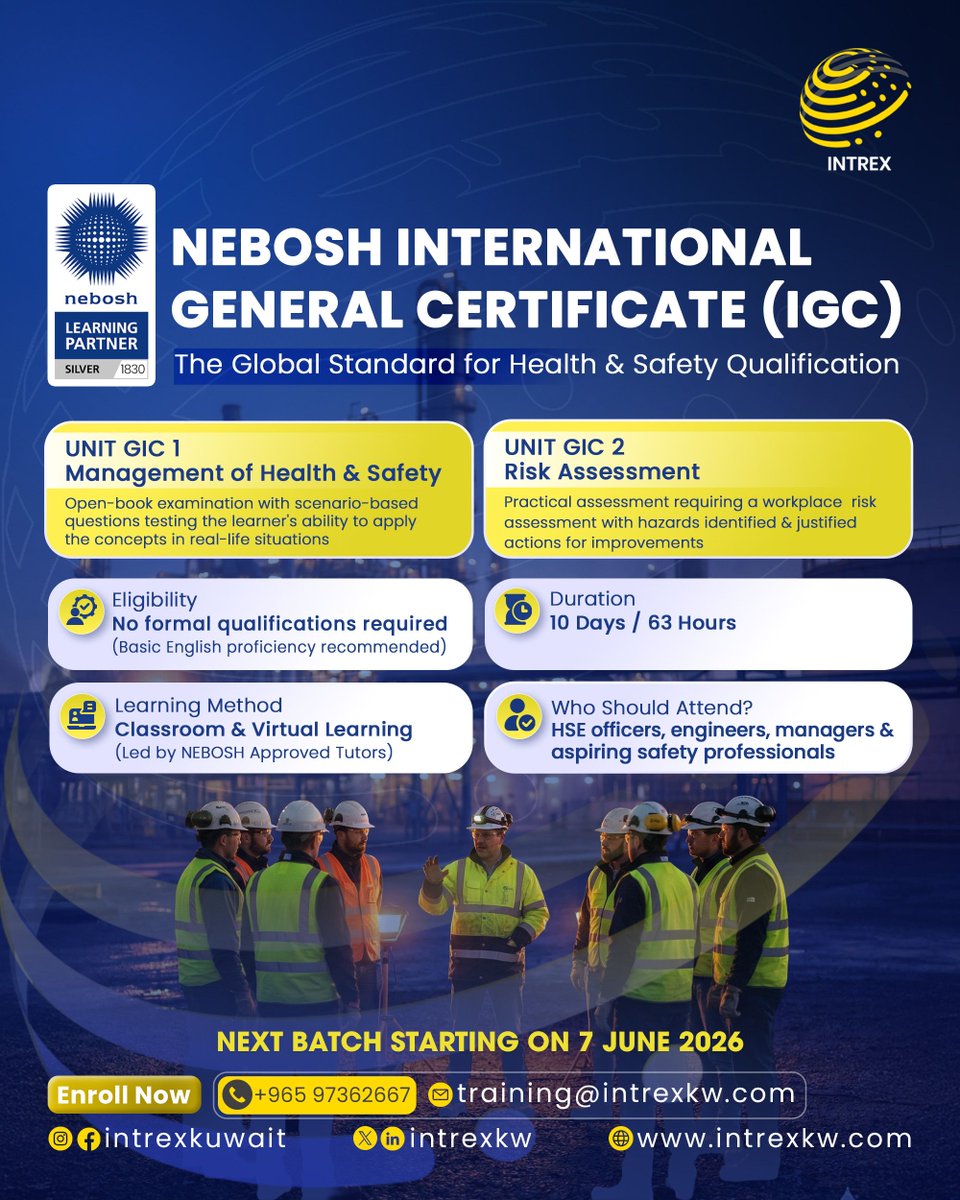 intrexkw's tweet photo. Don’t just manage safety; be a leader. Join a global network of safety professionals and set yourself apart in a competitive market with the NEBOSH International General Certificate, the global benchmark in health &amp; safety qualifications.

📅 Next Batch Starting on 06 June 2026 https://t.co/YNl7H2VvS1