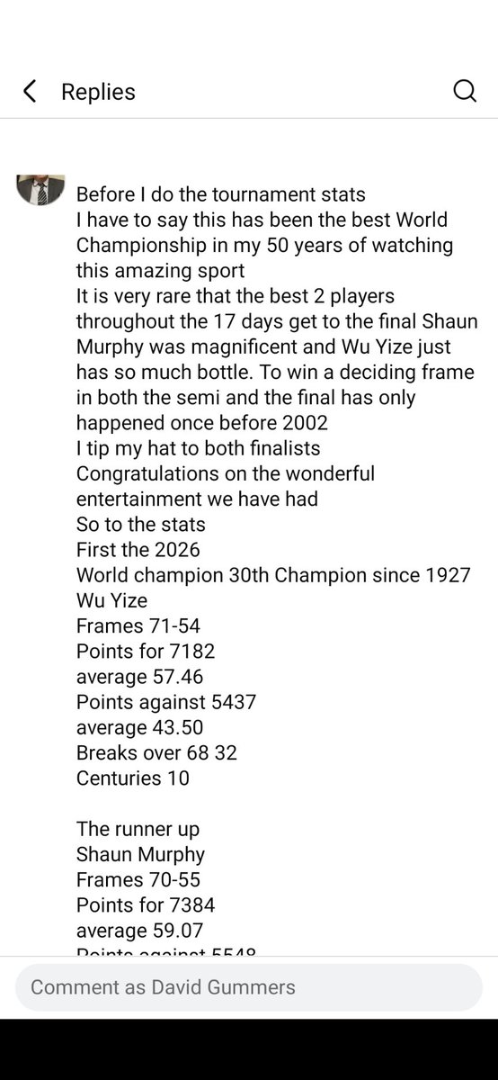 Kendalmint2's tweet photo. Wow what #world #Snooker #Final #Championship
Stats in images
@WeAreWST @ATP_Entry @totalsnookered @snookerorg 
@BBCSport @kendoherty1997 @AlisonMitchell @dennistaylor147 @joegentlemanjoe @SteveSnooker @SHendry775 @jvofficialjv https://t.co/LSeGJ3IvZw