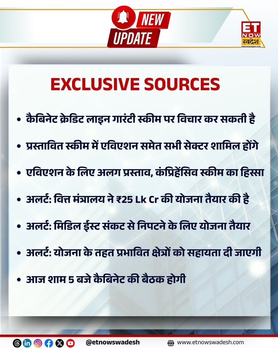 ETNowSwadesh's tweet image. #NewsUpdate | कैबिनेट क्रेडिट लाइन गारंटी स्कीम पर विचार कर सकती है, प्रस्तावित स्कीम में एविएशन समेत सभी सेक्टर शामिल होंगे: सूत्र 

#CabinetMeeting #aviationsector #ETNSNews