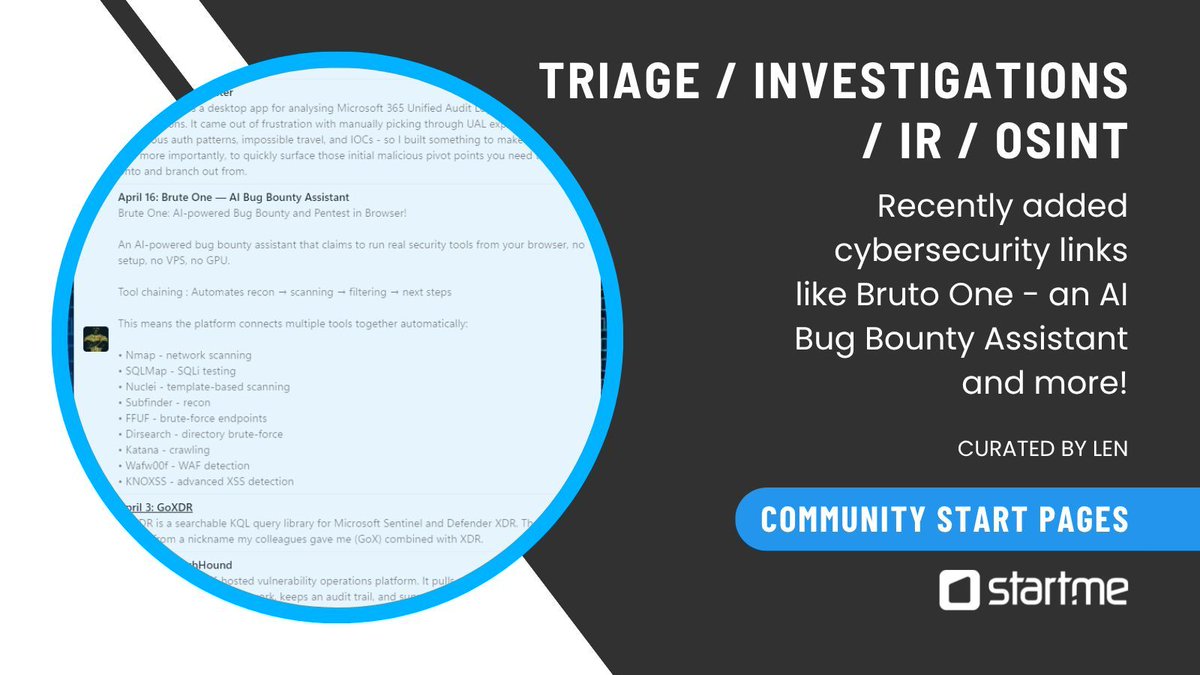 startme's tweet image. New cybersecurity links for triage, investigations, IR, and OSINT.

This Start.me page collects practical resources like Brute One, GoXDR, and more in one place.

Need a calmer way to keep new tools on your radar?

start.me/p/m6bBNv/triag…

#OSINT #CyberSecurity
