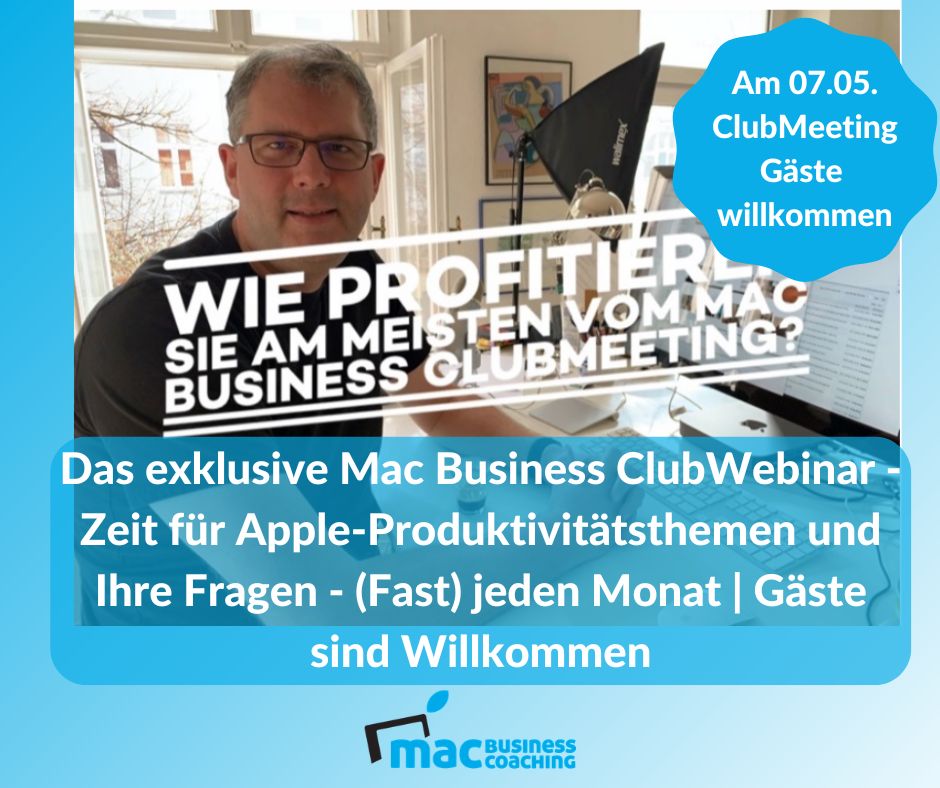 Das exklusive Mac Business ClubWebinar - Jeden Monat Zeit für Apple-Produktivitätsthemen und Ihre Fragen

So geht’s >> mac.bz.it/eamv1

#apple #mac #iphone #ipad #aufgeraeumt #papierlos #schnell #produktivität #automatisierung #macbusinesscoaching #arbeitenwieinderzukunft