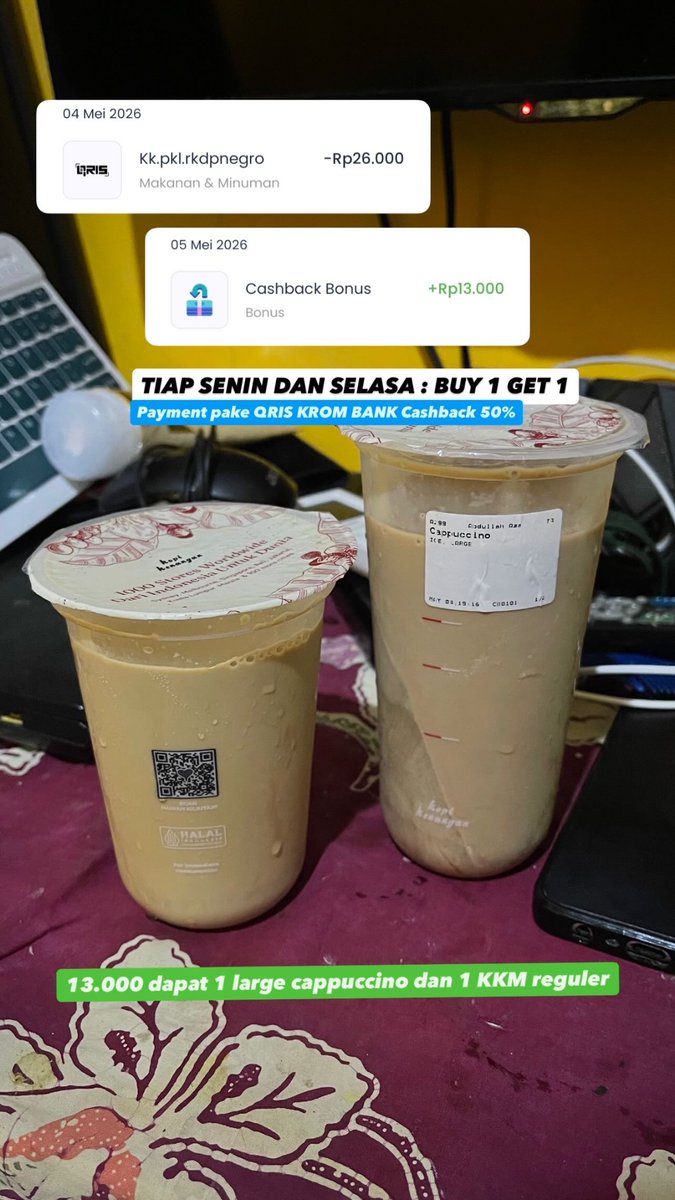 tutor50423's tweet photo. @xkode06 Promo outlet Kopi Kenangan kak tiap Senin dan Selasa BUY 1 GET 1 lalu bayar pake QRIS KROM BANK cb 50% max 15rb minbel 20rb

Jadi 13rb dapet 2 mayan https://t.co/KWcl95SkjF