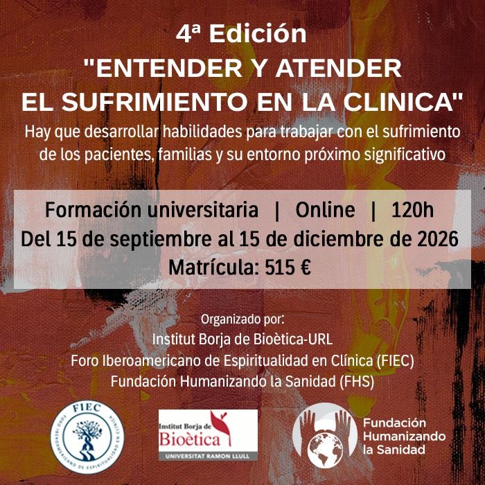 FHSanidad's tweet photo. ATENCIÓN 📢📢📢

Abierta ya la matrícula a la 4ª Edición del curso universitario "Entender y Atender el Sufrimiento en la Clínica", organizada por el Foro Iberoamericano de Espiritualidad en Clínica, el @ibb y @FHSanidad 

Info en: https://t.co/vieDp7zCbM

¡Solo 40 plazas! https://t.co/dT8m4Whw1a