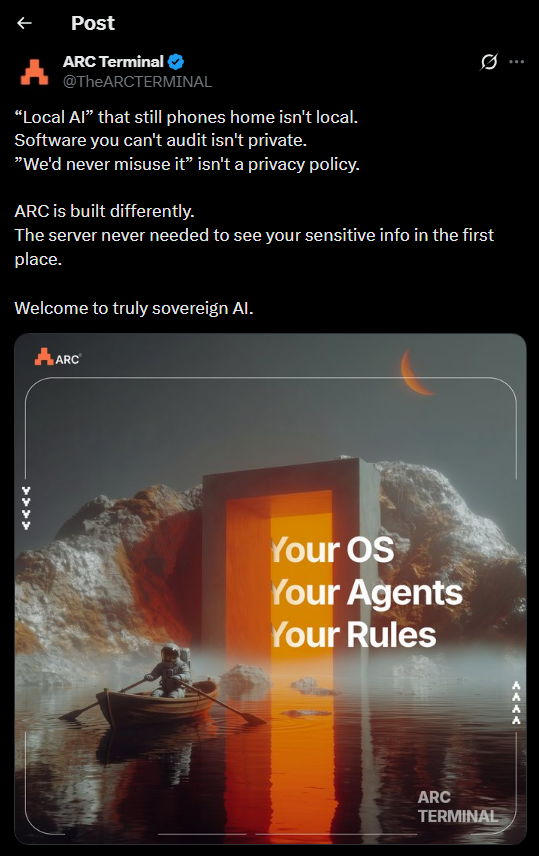 0xndra's tweet photo. Privacy isn’t truly local yet

What @TheARCTERMINAL pointed out shifts the perspective, most “local AI” still sends data back to servers once sensitive input is involved

It appears safe

But context remains visible

Wallet data, decisions, and user patterns can still be accessed in the backend, with security relying mostly on promises

This pattern is rarely questioned

Many are hyped about autonomy while accepting that the underlying intelligence remains centralized

Here the approach is flipped

Not adding another privacy toggle  
But redesigning the architecture

The server never needs to see sensitive data at all

That’s where the difference lies

Not about trusting or not  
But about inaccessibility by design

If this scales, the impact is significant

Not just a feature  
But a new trust standard

It’s still early

But directions like this define real adoption