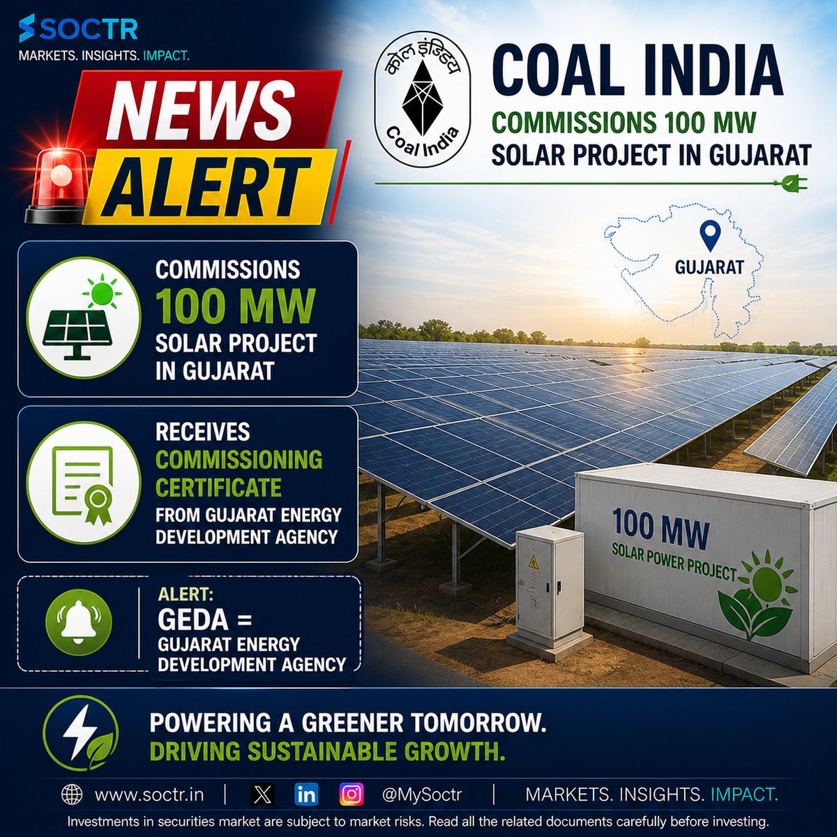 MySoctr's tweet image. Coal India expands into renewables 🌞

Commissions a 100 MW solar project in Gujarat, receiving certification from GEDA.

A strong step towards cleaner energy transition 👀

#CoalIndia #RenewableEnergy #SolarPower #CleanEnergy #EnergyTransition #StockMarketIndia #MarketNews