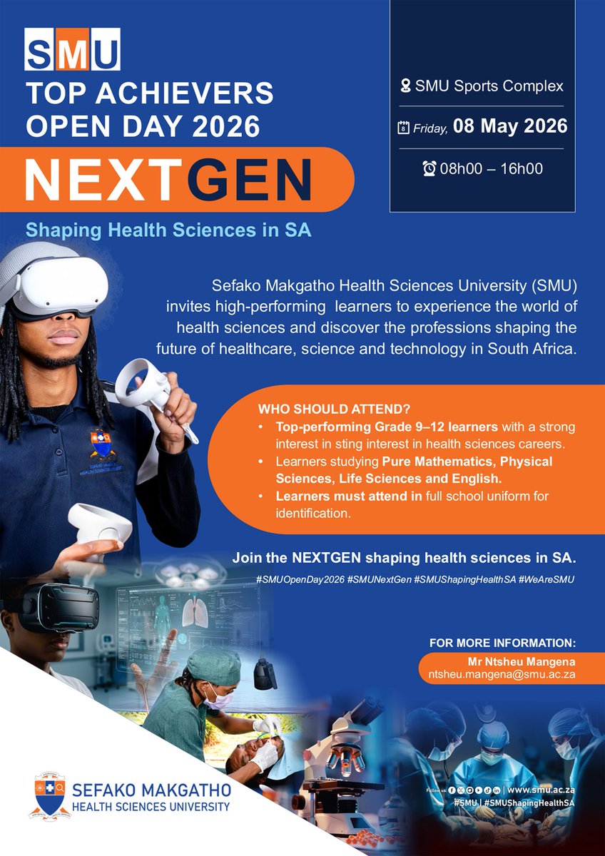 SMU_SA's tweet photo. Shape your future. Shape South Africa. Join SMUโs NEXTGEN Open Day on Friday, 8 May 2026, for top-performing learners ready to make an impact in the health sciences.
For more info: ntsheu.mangena@smu.ac.za
#SMUOpenDay2026 #SMUNextGen #SMUShapingHealthSA #WeAreSMU https://t.co/9mggsdfCAr