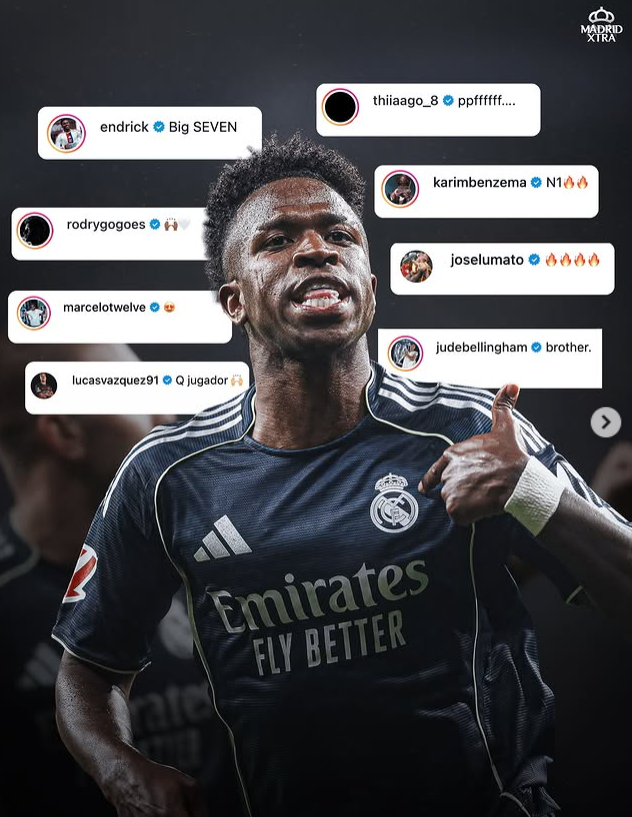 Real Madrid players and legends supporting Vincius after his brace against Espanyol. 🤍🕺🏻
