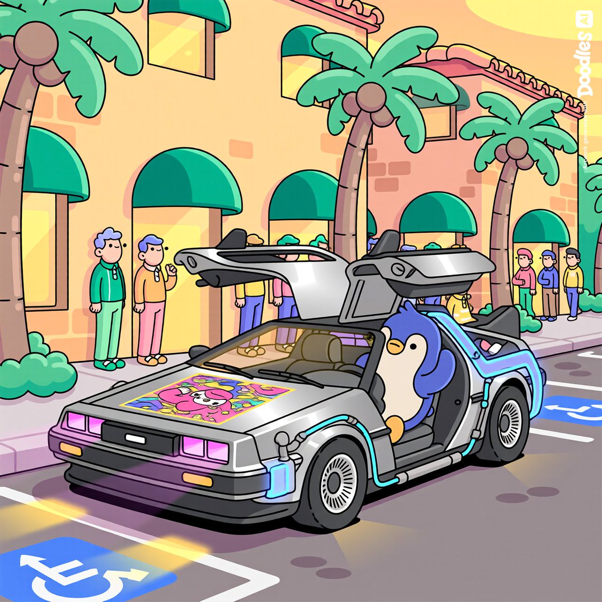 CryptoRoxom's tweet image. My 26th image submission.

Retro vibes meet playful chaos: a gull-wing time machine glowing neon, guarded by a giant penguin copilot, stealing the spotlight in a tropical street scene. #RetroFuture #NeonDreams #CarCulture #SurrealVibes