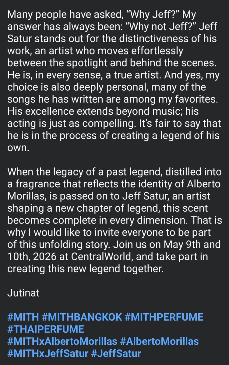 Nest1406's tweet photo. "#JeffSatur stands out for the distinctiveness of his work, an artist who moves effortlessly between the spotlight and behind the scenes.He is,in every sense, a true artist

...He is in the process of creating a legend of his own"

He's a legend😌✨️
#MITHxJeffSatur
#MITHBANGKOK https://t.co/1ayxKIY5hn