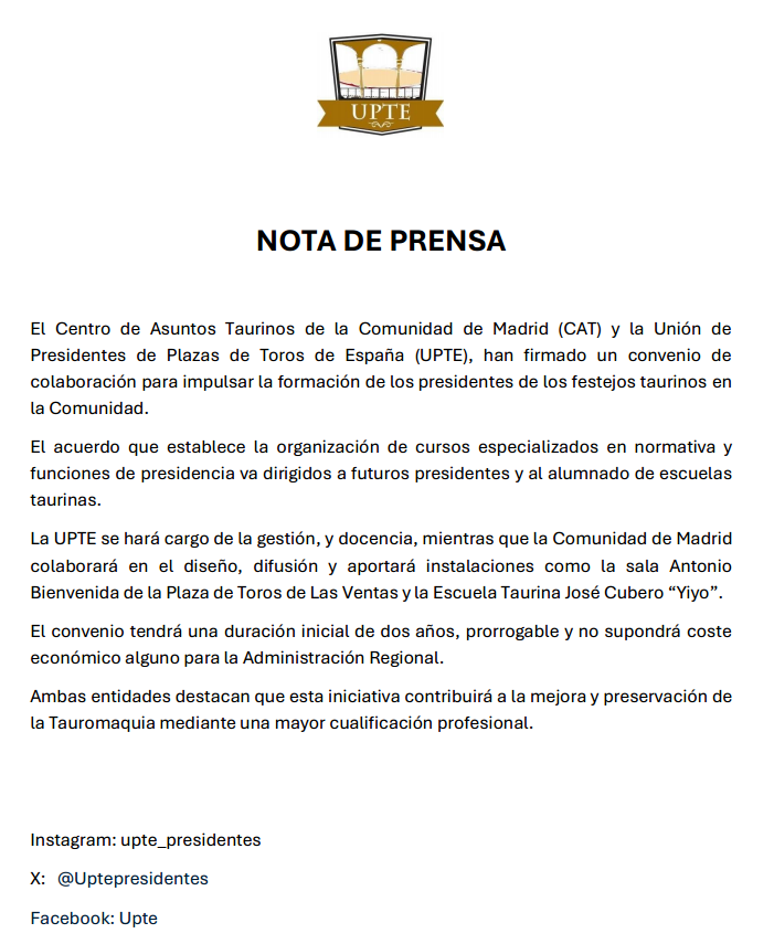 Uptepresidentes's tweet photo. 📄 El Centro de Asuntos Taurinos de la Comunidad de Madrid y la UPTE han suscrito un convenio para impulsar la divulgación y la formación en normativa taurina y funciones presidenciales dirigida a Escuelas Taurinas y futuros presidentes. https://t.co/5GgI76nHPg