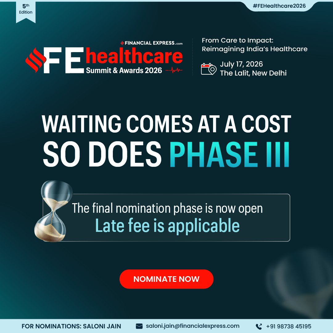 FE_Healthcare's tweet image. The final nomination phase for the FE Healthcare Awards 2026 is now open, with the late fee applicable.

July 17, 2026 | The Lalit, New Delhi
Nominate now: inexp.in/9Ep5-c

#FEHealthcare2026 #HealthcareLeadership #HealthcareInnovation #Awards #FinalCall