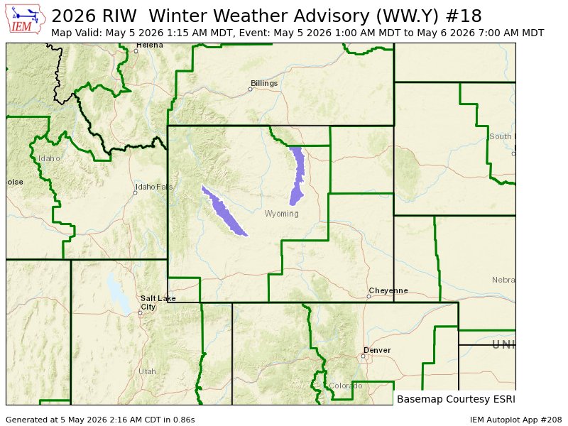 RIW updates Winter Weather Advisory (extends time and expands area to include East Sweetwater County, Green Mountains and Rattlesnake Range [WY], continues Bighorn Mountains Southeast, Wind River Mountains East [WY]) mesonet.agron.iastate.edu/vtec/f/2026-O-…