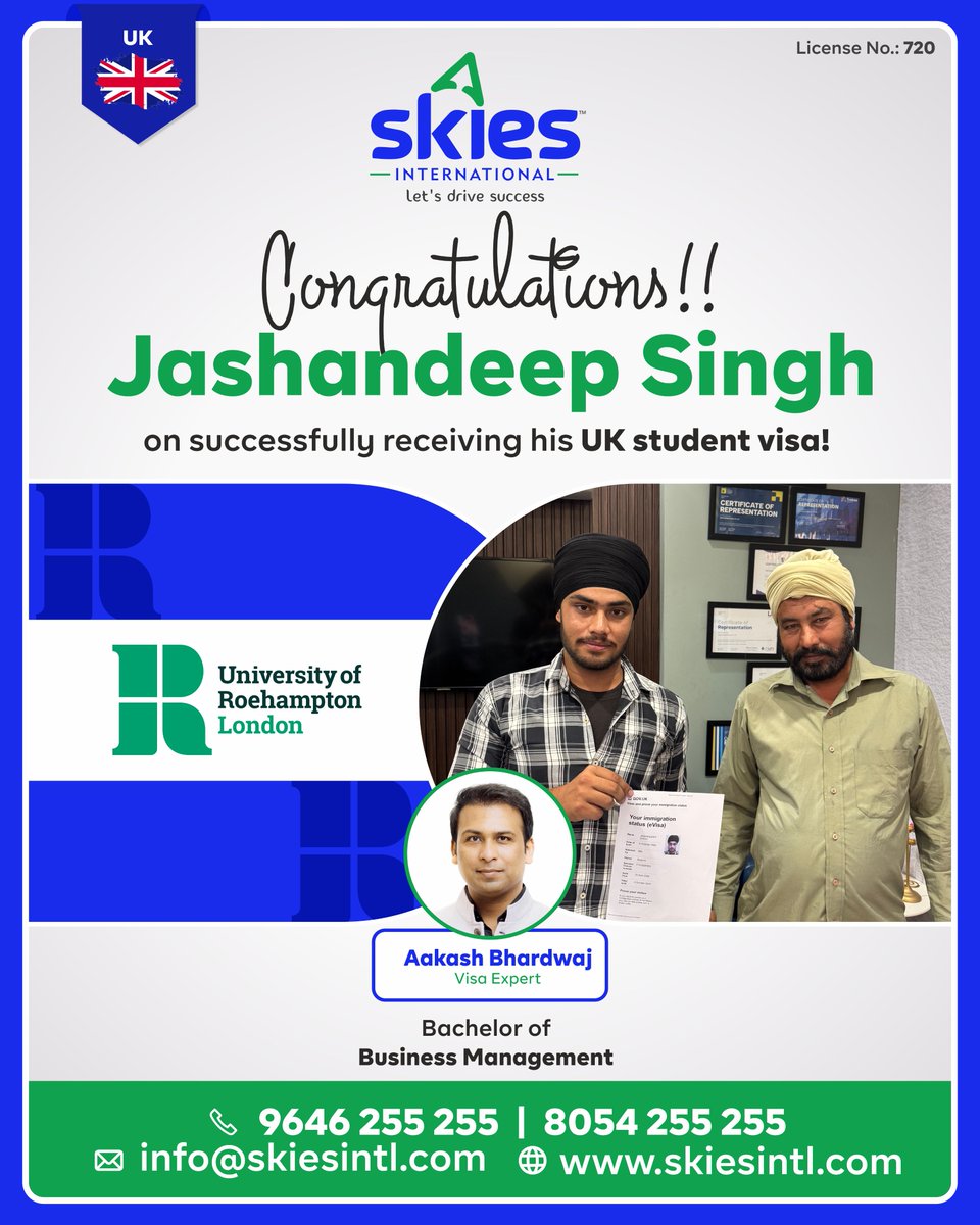 skiesintl's tweet image. 🎉 Success Update! 🎉

Heartiest congratulations to our student Jashandeep Singh on securing his 🇬🇧 UK Study Visa for University of Roehampton! 🎓✨

We’re proud to be part of this amazing achievement and wish him great success ahead. 🚀

📞 Call: 9646 255 255

#UKVisa #StudyInUK