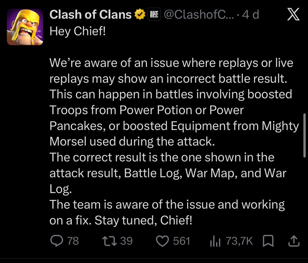 KINGTOMCOC's tweet photo. @Ax79HN @ClashofClans @iTzuDL As you clearly missed supercell message. Replays are a tile for tile simulation. There is a bug where replay don’t use boosts or potions in the simulation. Replays are fake, scores are real. When result is 3 star, attacker got 3 star https://t.co/N7N8Eok7jk