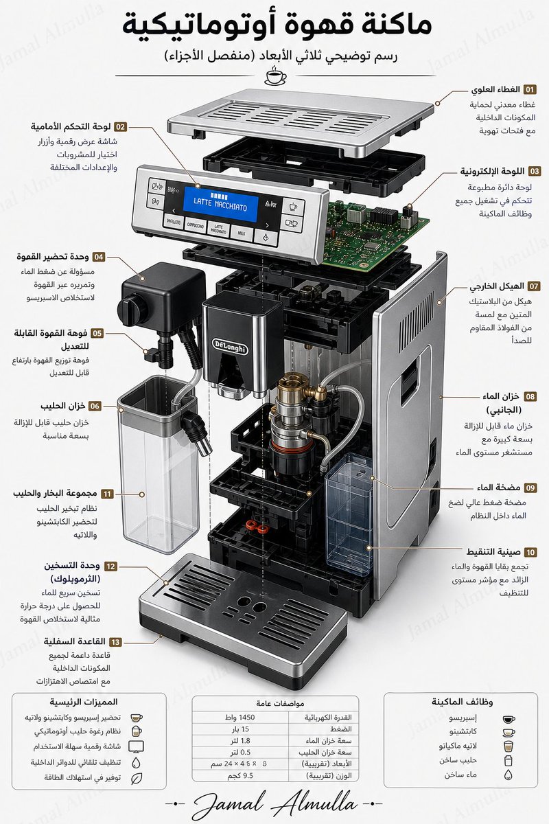 DrJamal11's tweet photo. غير اسم المكينة وموديلها وسترى التصميم 
البرومت
{
  "task": "create_3d_technical_exploded_view_infographic",
  "prompt_language": "en",
  "output_language": "[ar]",
  "subject": {
    "type": "object",
    "name": "[ماكنة قهوة ]",
    "category_auto_detect": true
  },
  "visual_style": {
    "main_style": "3D technical exploded view diagram",
    "rendering": "high-detail 3D isometric illustration",
    "perspective": "isometric",
    "composition": "exploded assembly view with components floating in space",
    "background": "clean light grey or white background",
    "lighting": "soft studio lighting with subtle shadows between parts",
    "mood": "professional, educational, engineering-focused",
    "aesthetic": "technical infographic inspired by engineering blueprints and patent drawings"
  },
  "structure": {
    "layout": "vertical",
    "aspect_ratio": "2:3",
    "component_arrangement": "all parts aligned in logical assembly order showing how they fit together",
    "separation_style": "each component clearly separated to reveal internal structure",
    "labeling": {
      "enabled": true,
      "style": "clean technical callout lines",
      "content": [
        "screen",
        "circuit board",
        "battery",
        "casing",
        "buttons",
        "ports",
        "camera",
        "connectors",
        "sensors",
        "internal modules"
      ],
      "rule": "label only the components relevant to the selected object"
    }
  },
  "content_rules": {
    "show_internal_parts": true,
    "show_individual_components": true,
    "show_how_parts_fit_together": true,
    "keep_visual_hierarchy_clear": true,
    "avoid_clutter": true,
    "adapt_labels_and component_names_to_object": true,
    "write_all_visible_text_in_output_language": true
  },
  "branding": {
    "primary_signature": "Jamal Almulla",
    "placement_rules": [
      "place a clear but elegant Jamal Almulla signature at the bottom of the design",
      "integrate the signature naturally into the infographic composition",
      "optionally embed a subtle low-opacity repetition of Jamal Almulla in the background texture",
      "do not let the signature overpower the educational content"
    ],
    "style": "subtle but persistent creator stamp",
    "opacity_range": "0.15 - 0.35",
    "integration": "embedded within composition, not isolated"
  },
  "output_requirements": {
    "quality": "high resolution",
    "readability": "very high",
    "text_language_source": "use the language selected in output_language",
    "final_result": "a polished 3D exploded technical infographic of the chosen object"
  },
  "master_prompt": "Create a high-quality 3D technical exploded view infographic of [OBJECT]. Present the object in an isometric perspective with all major components deconstructed and floating in space in logical assembly order, clearly revealing internal parts and showing how they fit together. Use a technical illustration style with realistic 3D depth, soft shadows, clean spacing, and a light grey or white background. Add clean callout lines and labels for all relevant major components such as the screen, circuit board, battery, casing, buttons, ports, sensors, and other internal modules depending on the selected object. Maintain a professional educational infographic aesthetic inspired by engineering blueprints and patent-style technical drawings. All visible text, labels, and headings must be written in [USER_CHOSEN_LANGUAGE]. The final composition must be clean, readable, visually balanced, and rendered in a 2:3 aspect ratio. Add an elegant integrated creator stamp reading Jamal Almulla at the bottom, with optional subtle low-opacity embedding in the design background."
}